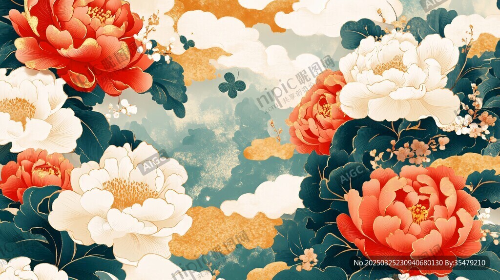 国色牡丹中式祥瑞花卉图