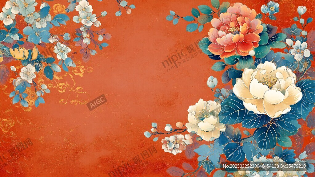 中式花卉图 橙底绚丽绽放