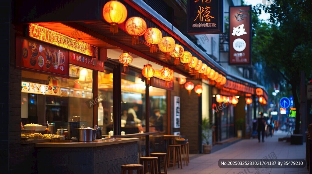 街边热闹的中式餐饮店