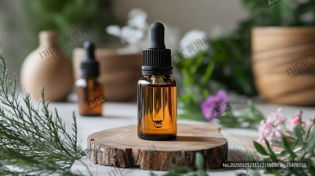 精致精油瓶搭配自然绿植