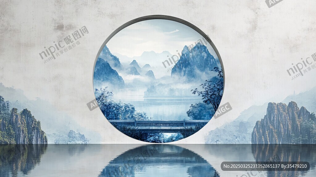 中式山水圆形窗景意境图