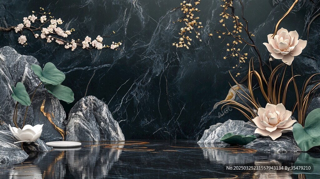 中式墨韵莲花山水装饰画