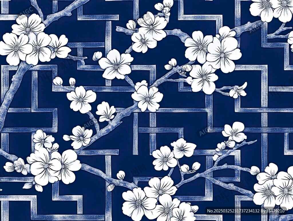 蓝底白花中式几何图案