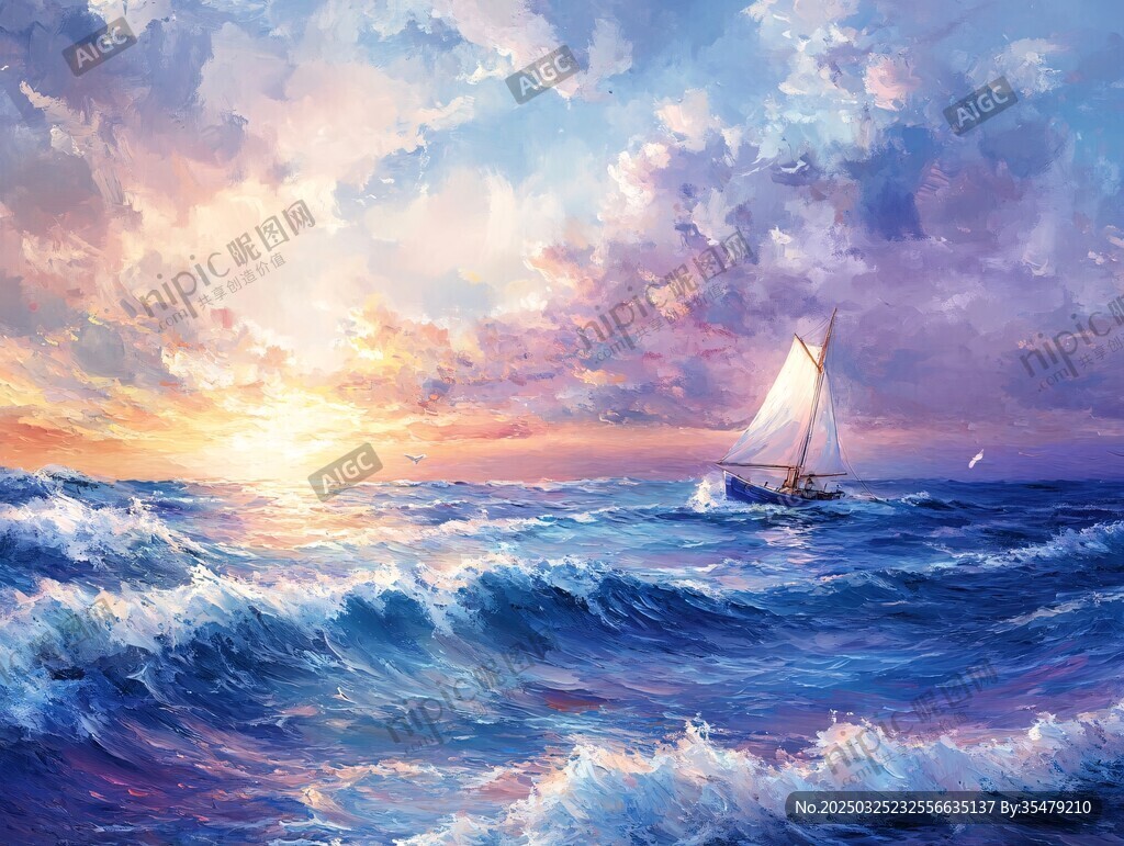 海上帆船迎日出美景