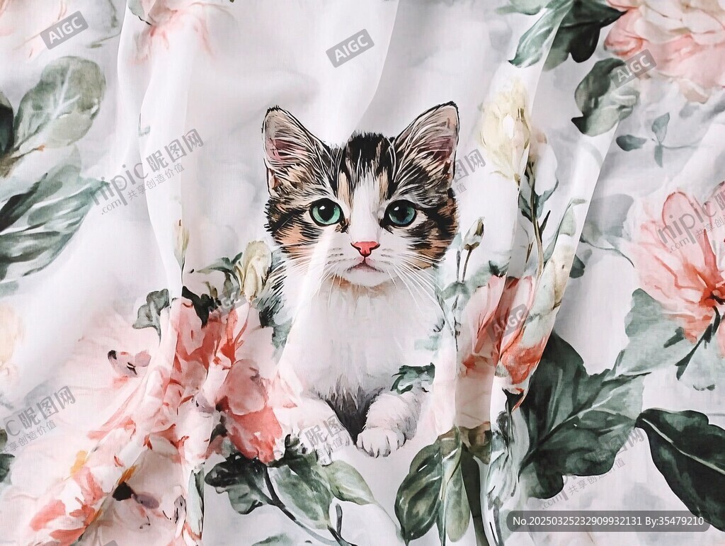 猫咪花卉图案精美布料