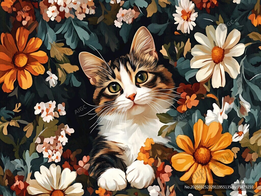 花丛中的可爱猫咪