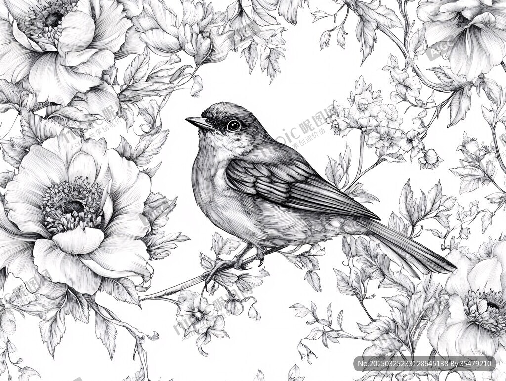 花鸟黑白插画中的静谧一刻