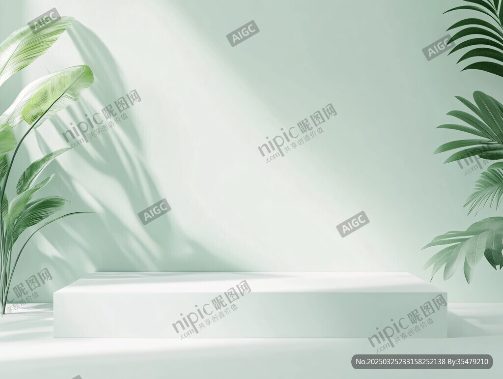清新绿植环绕的白色展示台