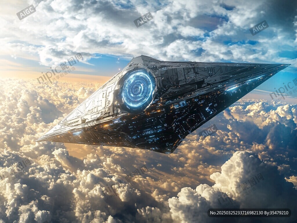 未来科幻飞船翱翔云海
