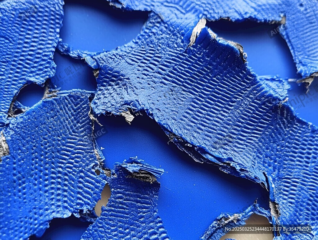 蓝色破损纹理皮革特写