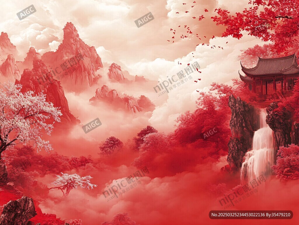 红色山水间的古典亭阁
