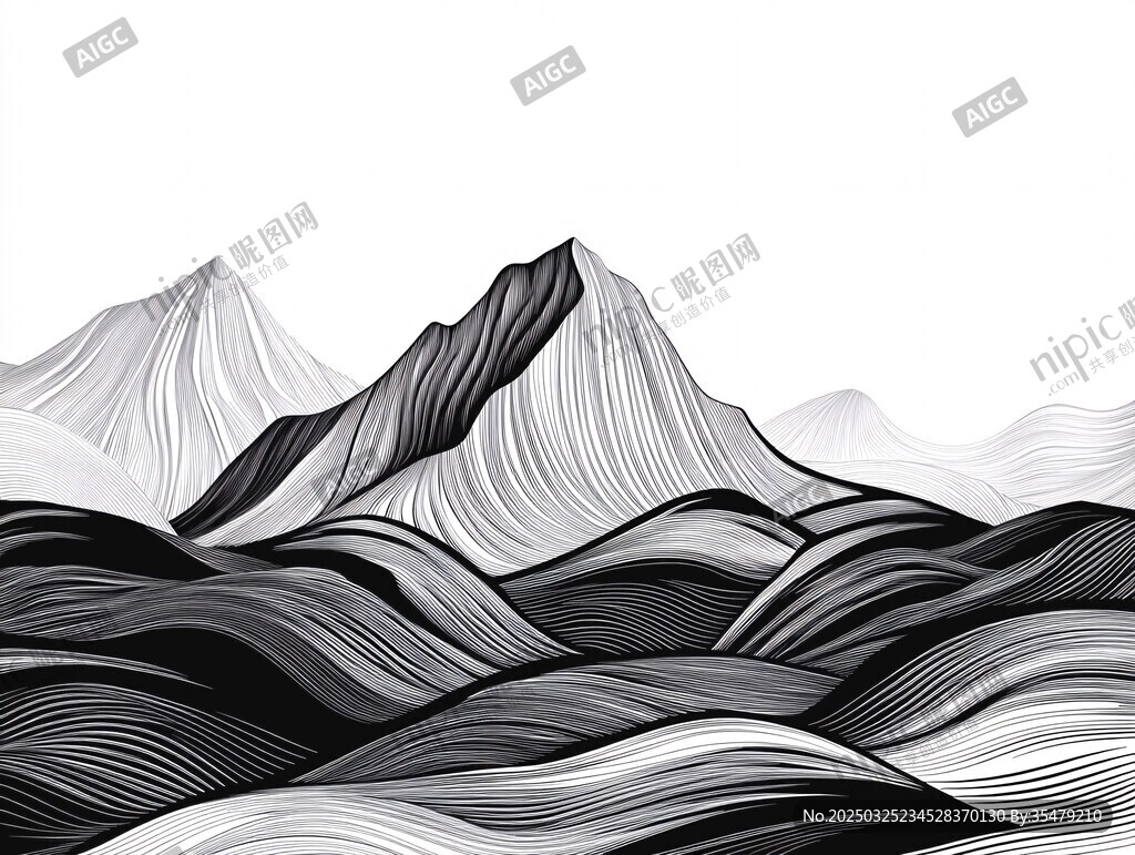 黑白线条绘就的起伏山峦