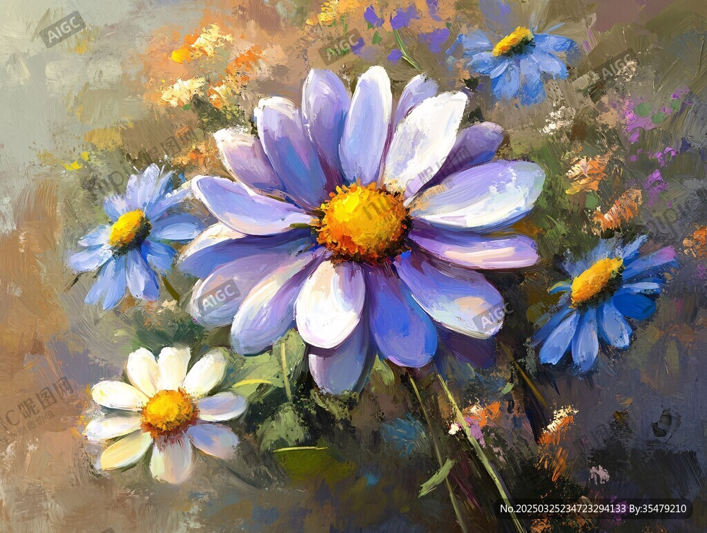 梦幻蓝白雏菊油画花朵图