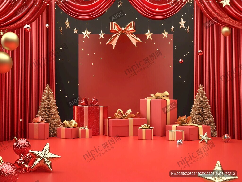 圣诞红幕下的礼物场景