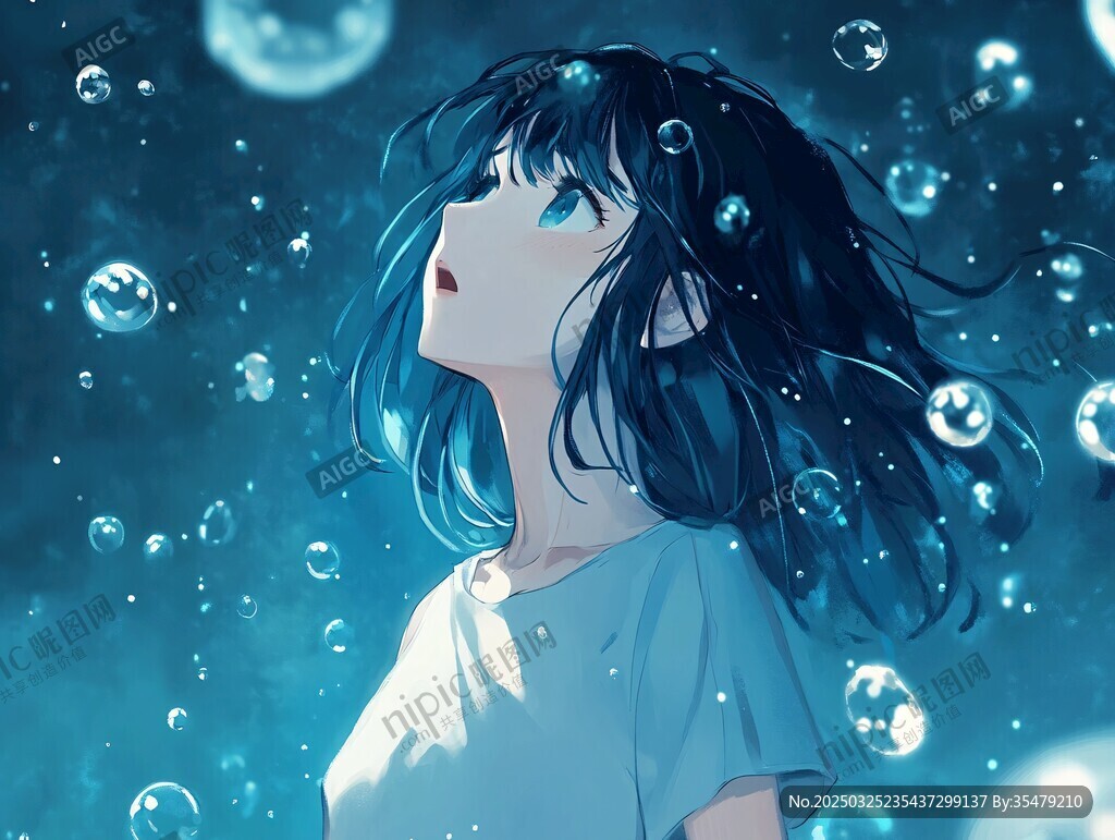 梦幻蓝调下的少女与气泡