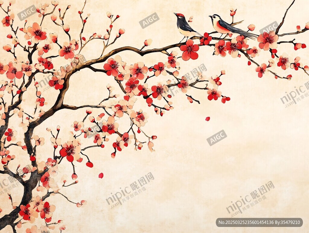 枝头双鹊伴红梅