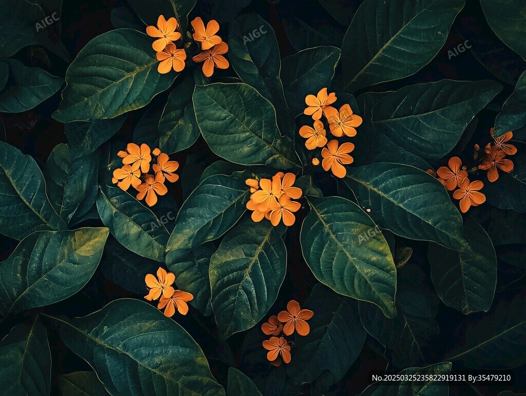 绿叶间的橙色小花绽放