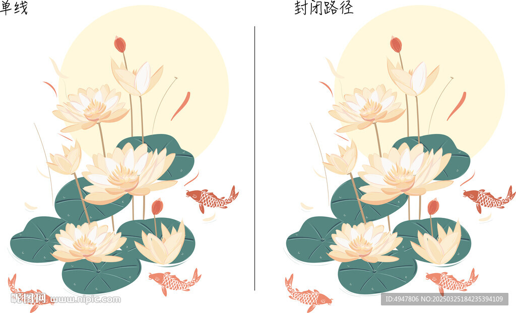 荷花与鱼 矢量图