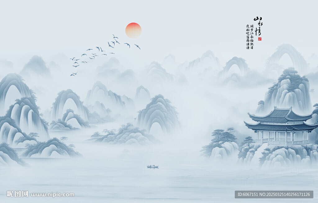 江南水乡水墨画背景墙
