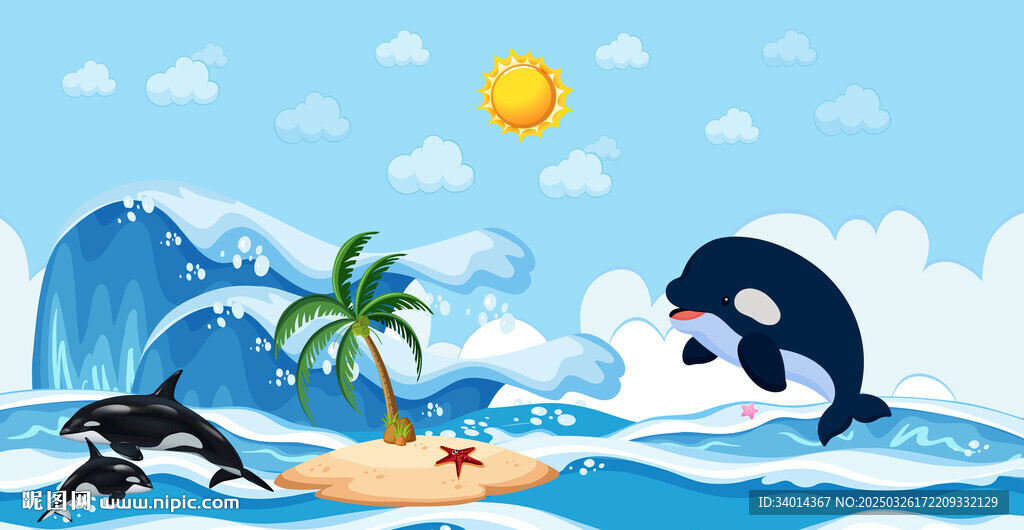卡通海豚海上背景墙