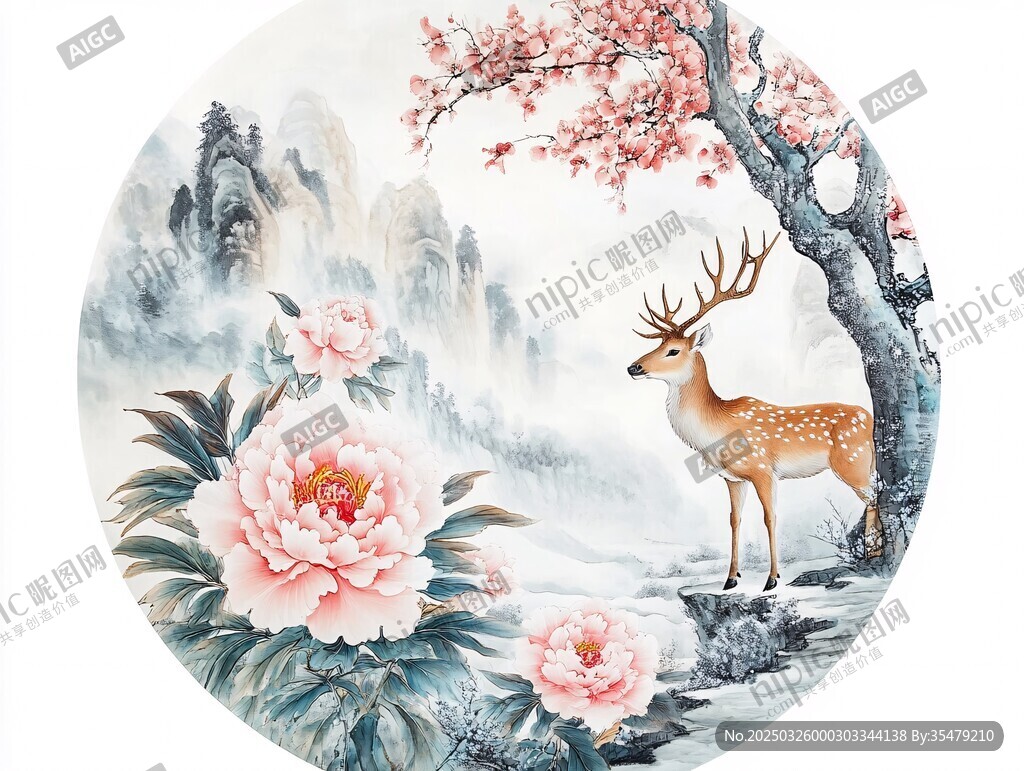 鹿伴繁花山水间国画图