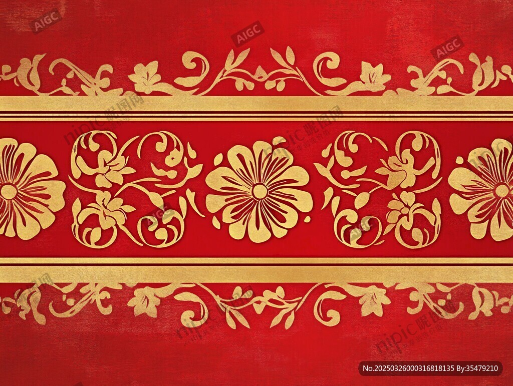 红色背景金色花卉装饰图案