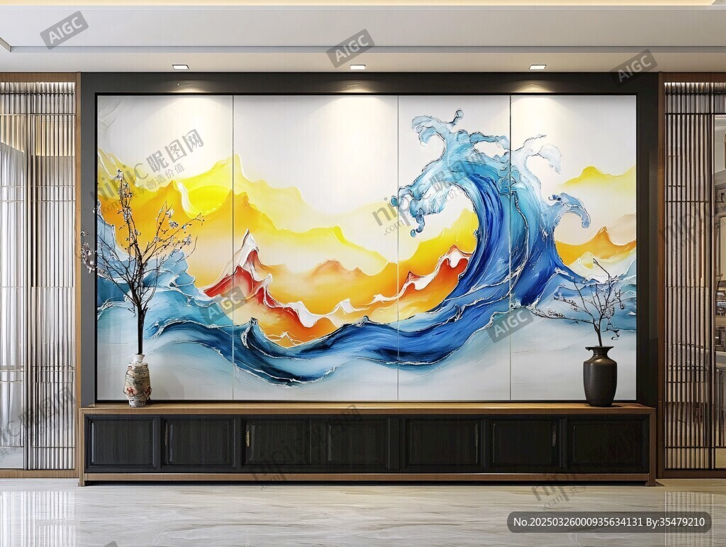 中式客厅抽象海浪艺术壁画