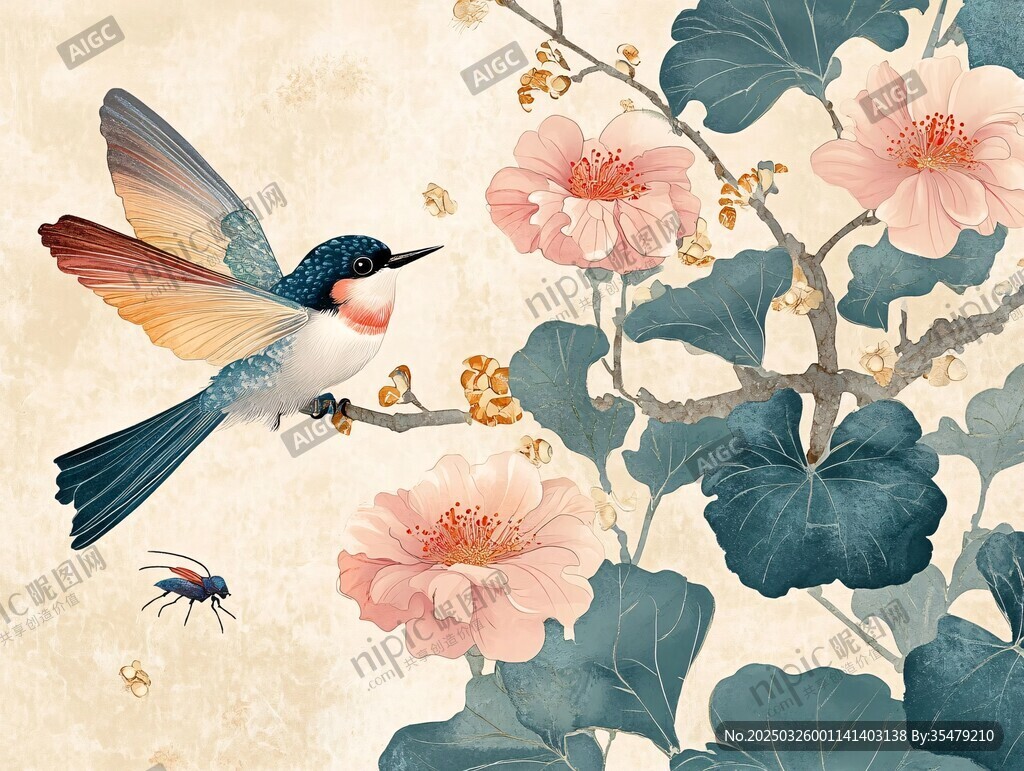 蜂鸟栖花图
