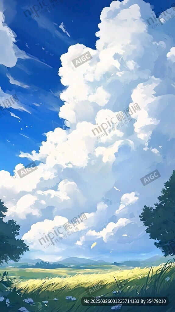 梦幻蓝天草地云朵美景图
