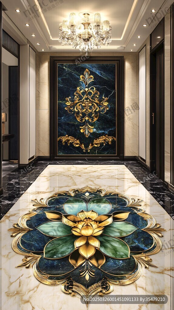 奢华玄关 莲花与瑞兽壁画