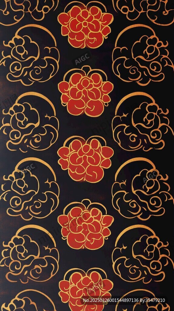 中式黑金祥云花卉图案