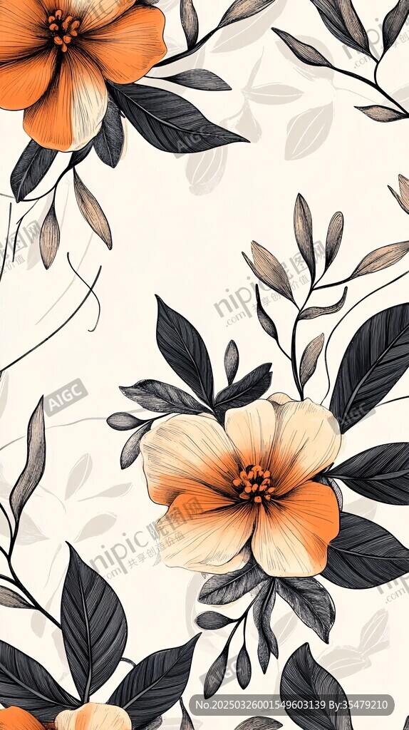 橙色花卉植物无缝图案