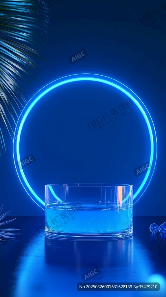 蓝色霓虹下的透明玻璃杯