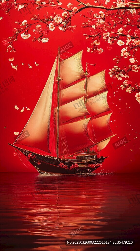 红底帆船伴繁花
