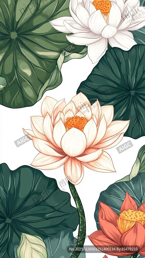 夏日荷花荷叶插画图案