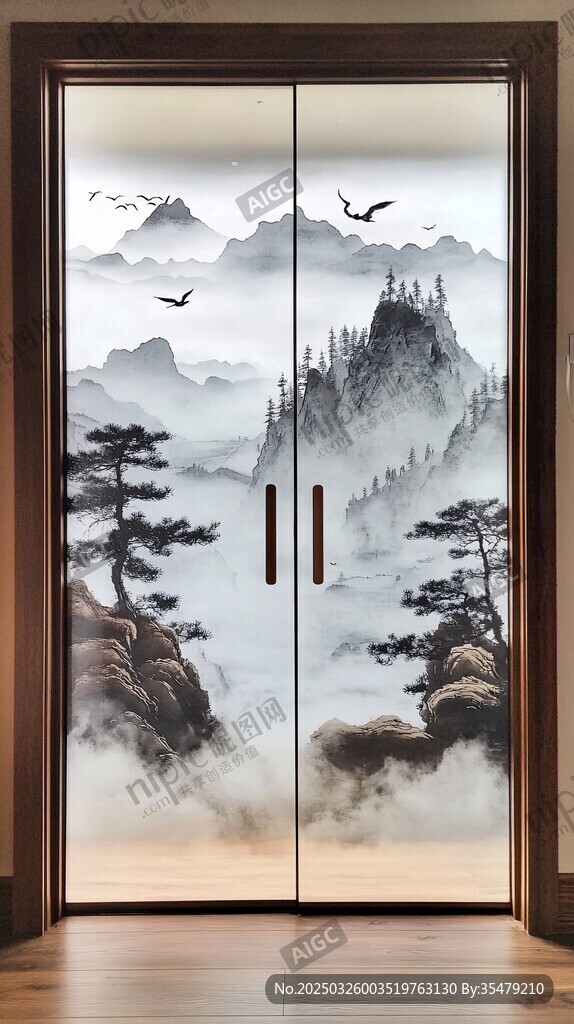 中式山水意境玻璃移门