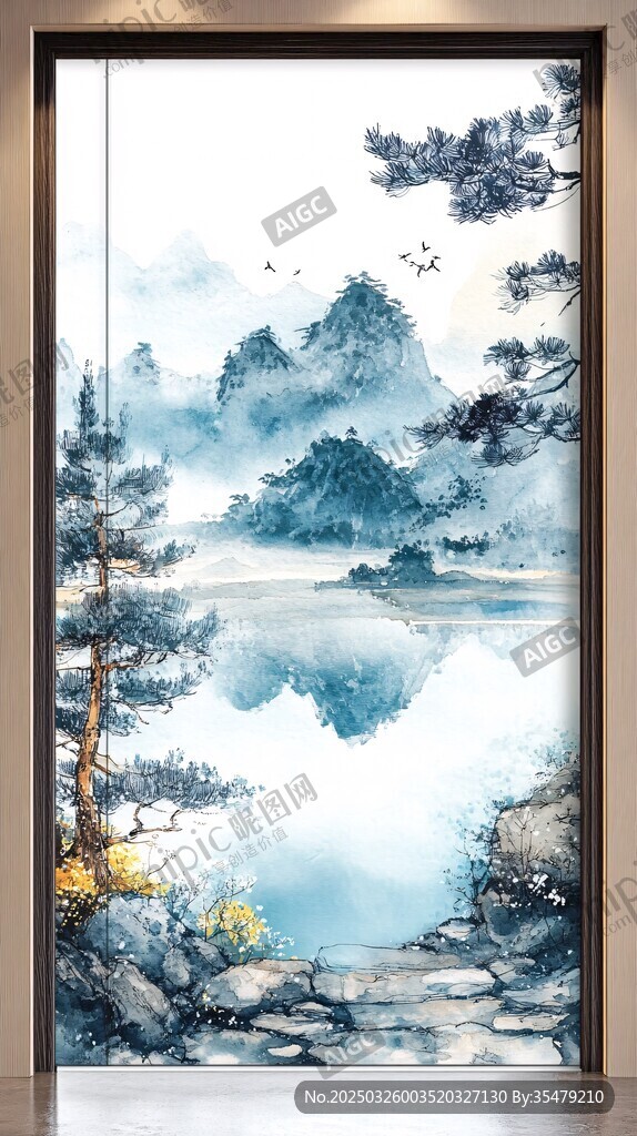中式山水玄关壁画意境美