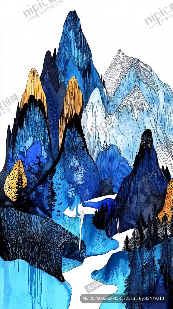 梦幻蓝调山水绘景