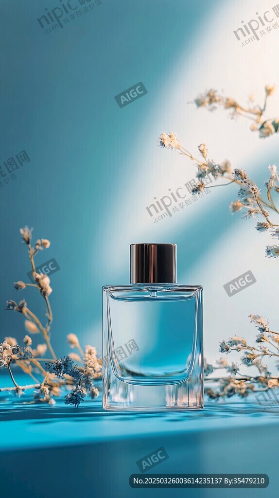 蓝调香水瓶与干花之美
