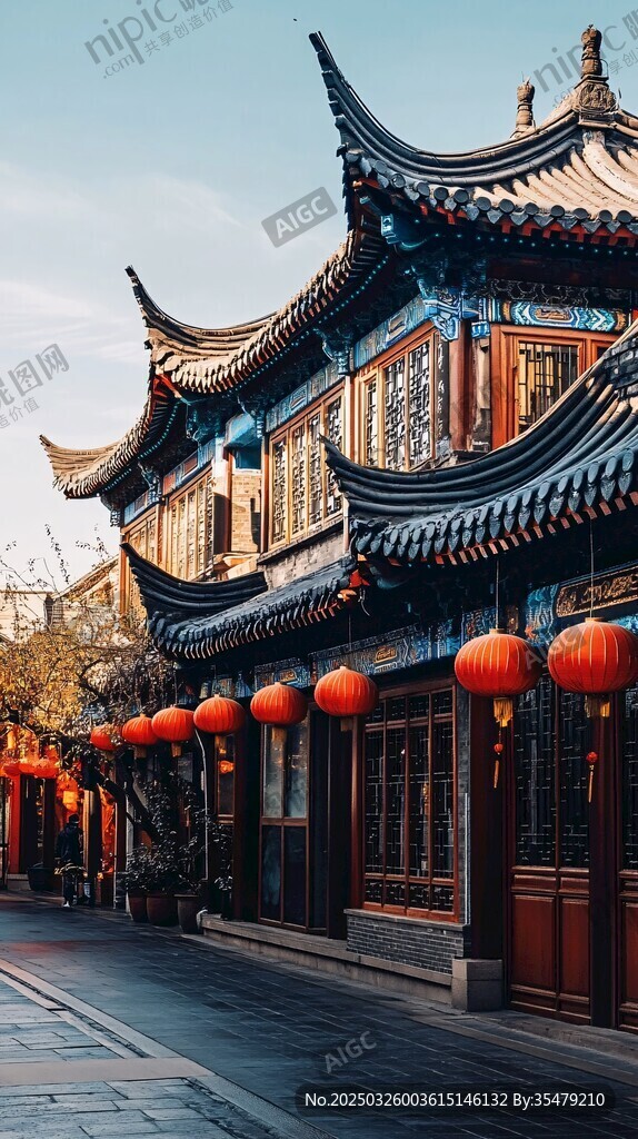古街中式建筑挂红灯笼