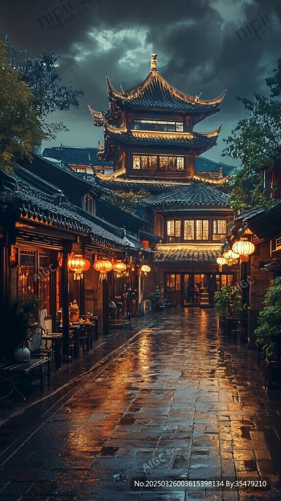 雨夜古街 中式建筑的静谧之美