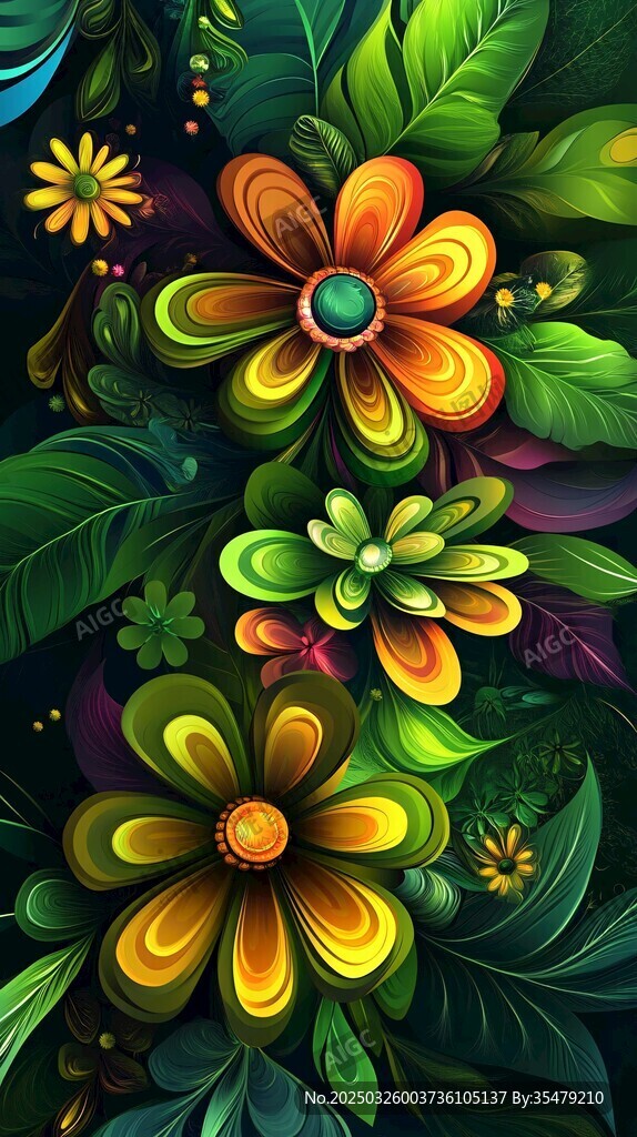 缤纷花卉绿叶梦幻插画