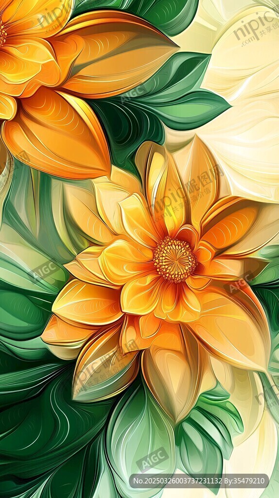 梦幻橙花绿叶插画艺术