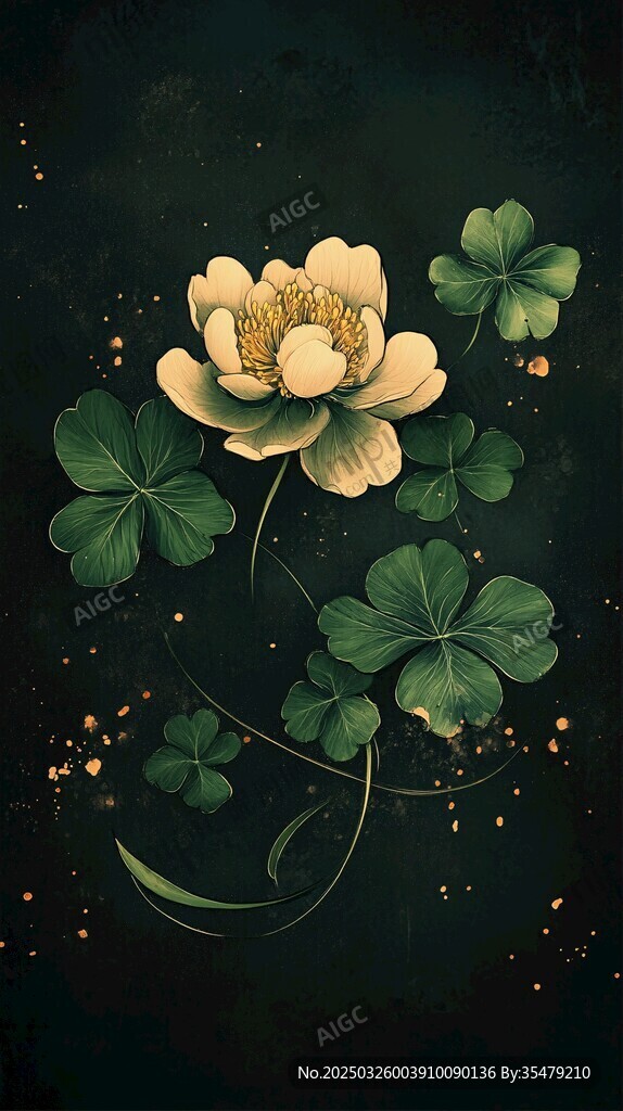 金色花朵与三叶草梦幻插画