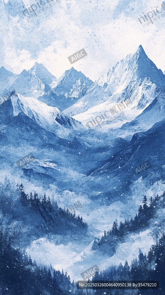 梦幻蓝调雪山森林美景