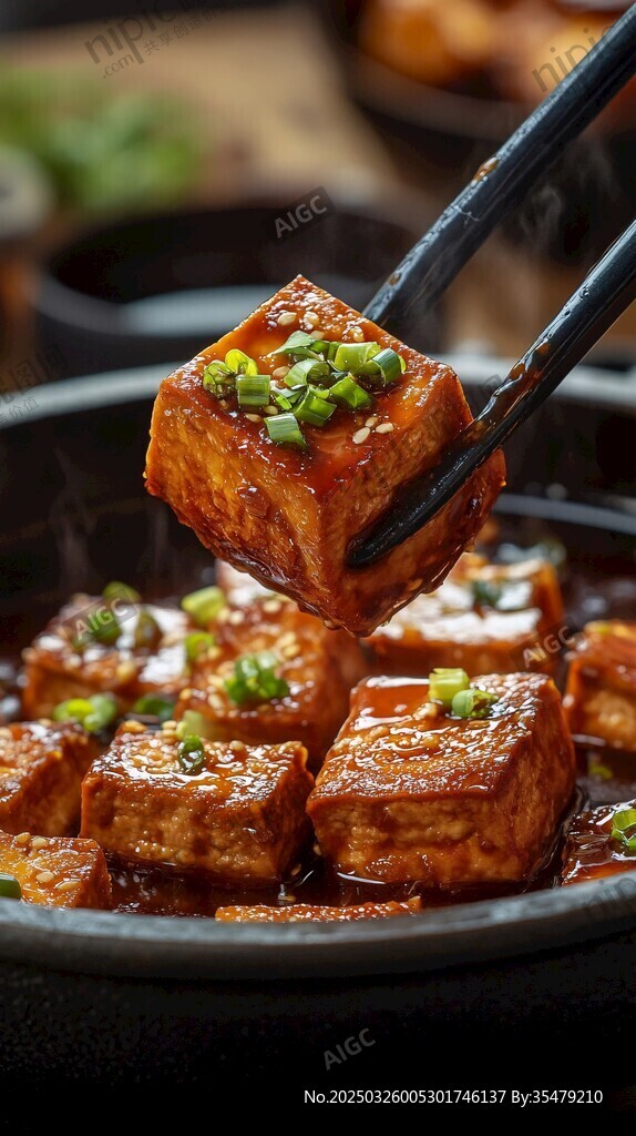 香辣豆腐 筷子夹起的美味