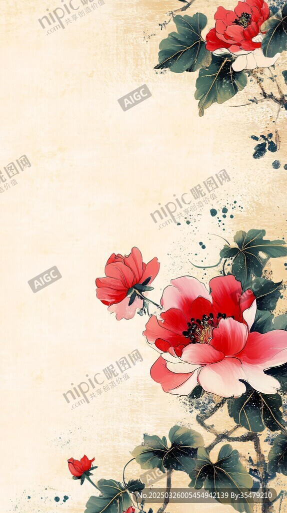 水墨牡丹花卉古风背景图