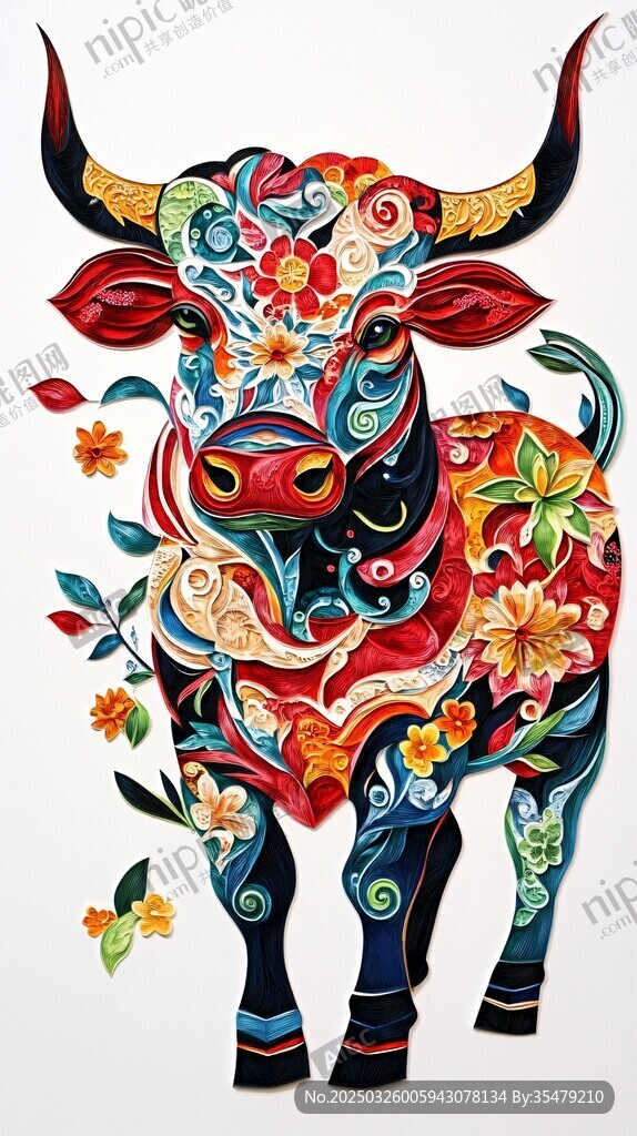 多彩花纹牛的艺术插画