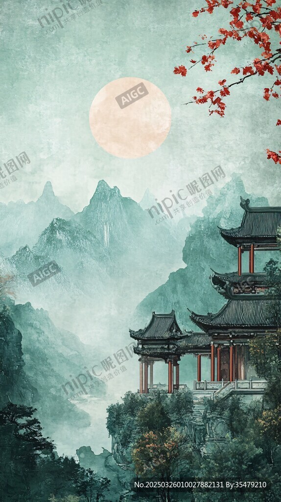 月夜山林中的古典楼阁