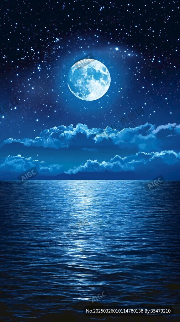 月夜下的静谧海面与星空